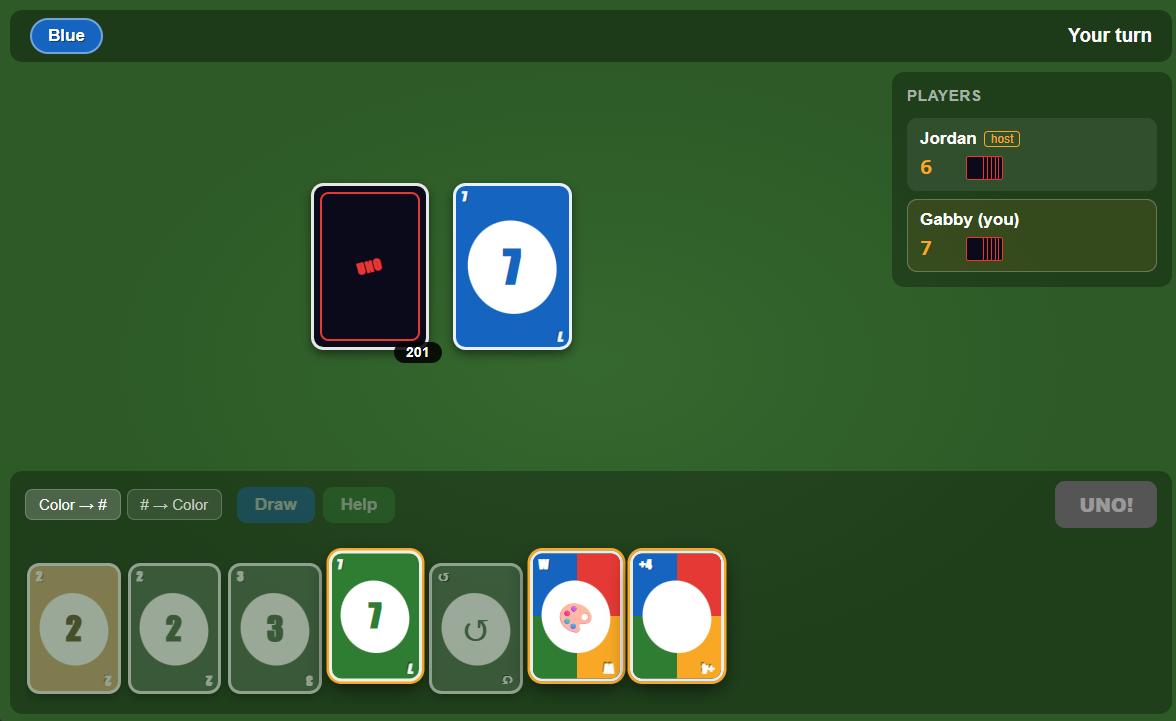 Game board with eligible cards highlighted