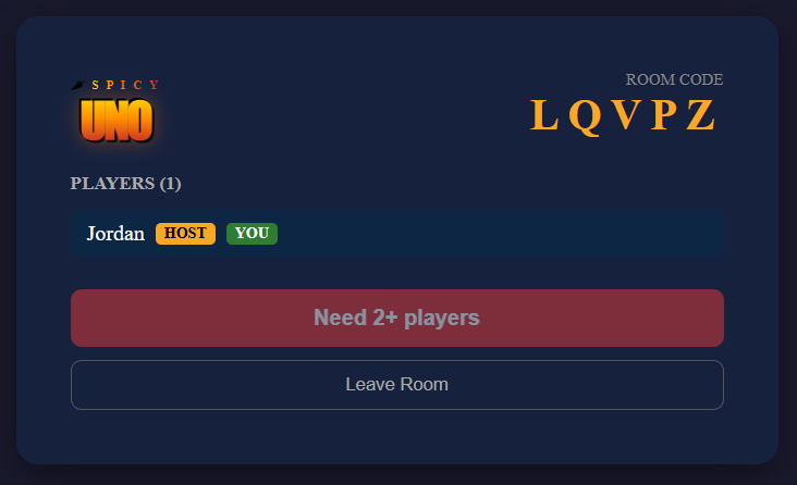 Spicy UNO login screen